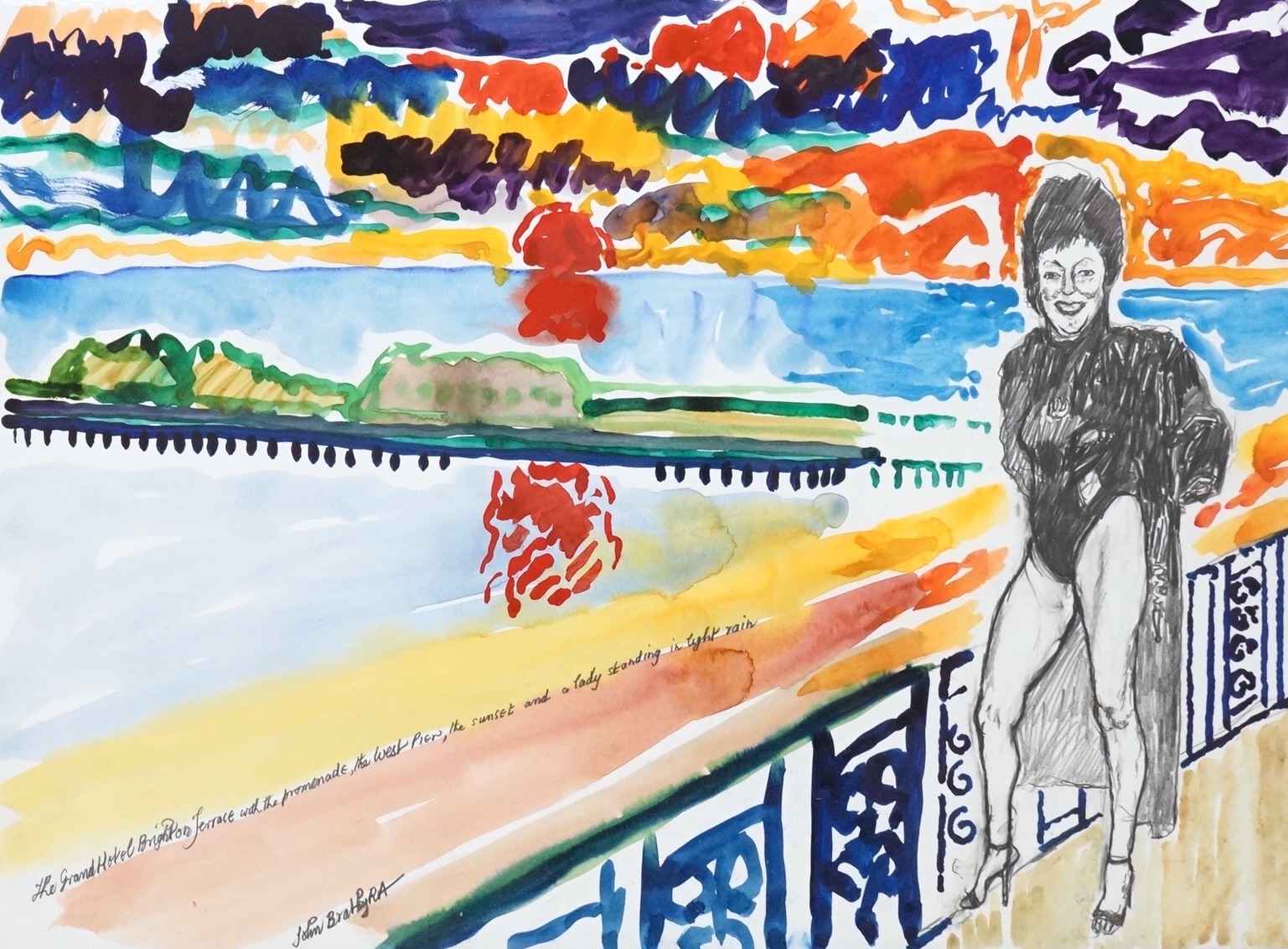 John Bratby RA (1928-1992), watercolour, ‘The Grand Hotel, Brighton Terrace with the promenade, West Pier, Sunset and a lady standing in light rain’, signed, 37 x 51cm
